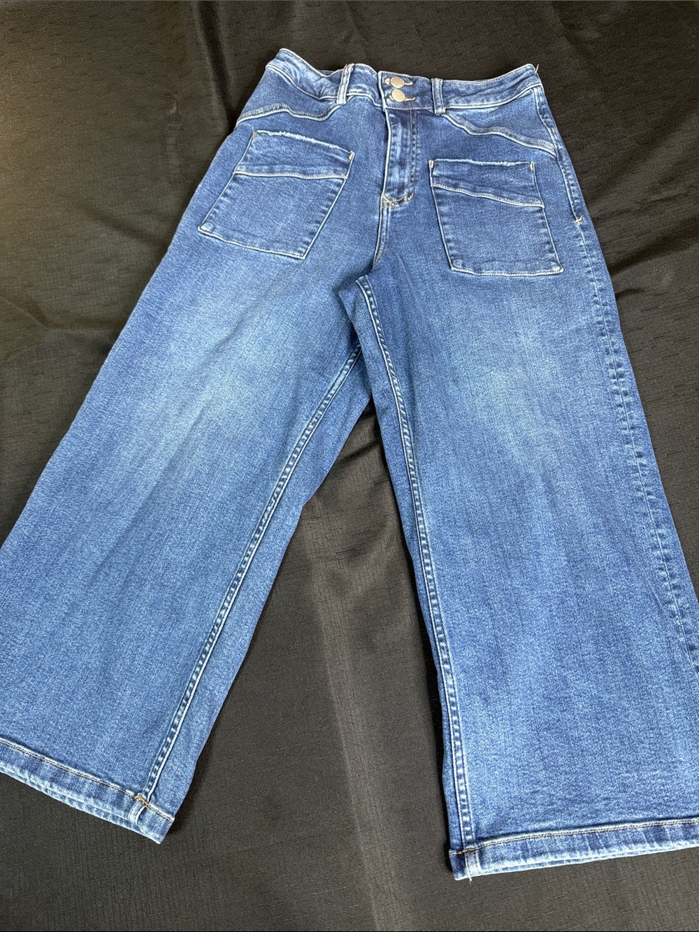 Dear John Mid-Blue Wide-Leg Jeans with Front Patch Pockets 10 Crop Ankle Flare